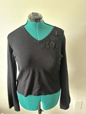 Black V-Neck Long-Sleeve Top with Shoulder Appliqué